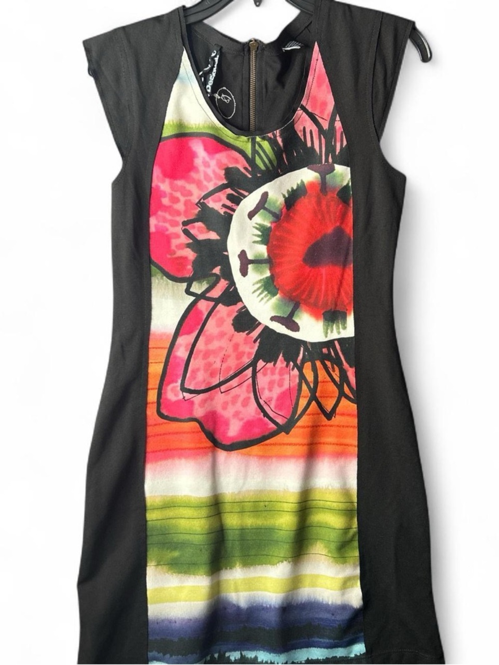 Desigual Black Multi Color Abstract Floral Artsy Dress Zippered Logo Back